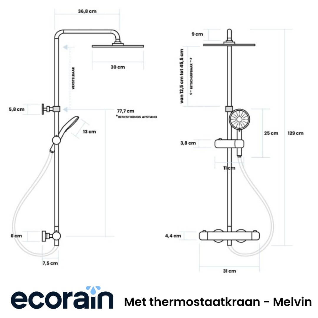Rain shower set Melvin 30 CM with thermostatic tap - Chrome