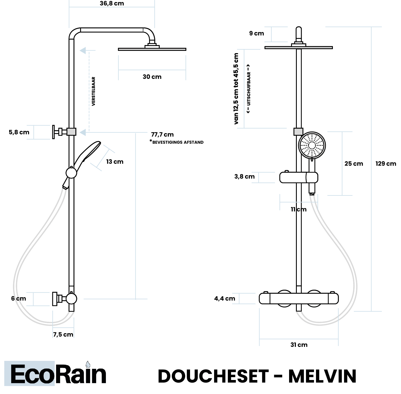 Rain shower set Melvin 30 CM with thermostatic tap - Black