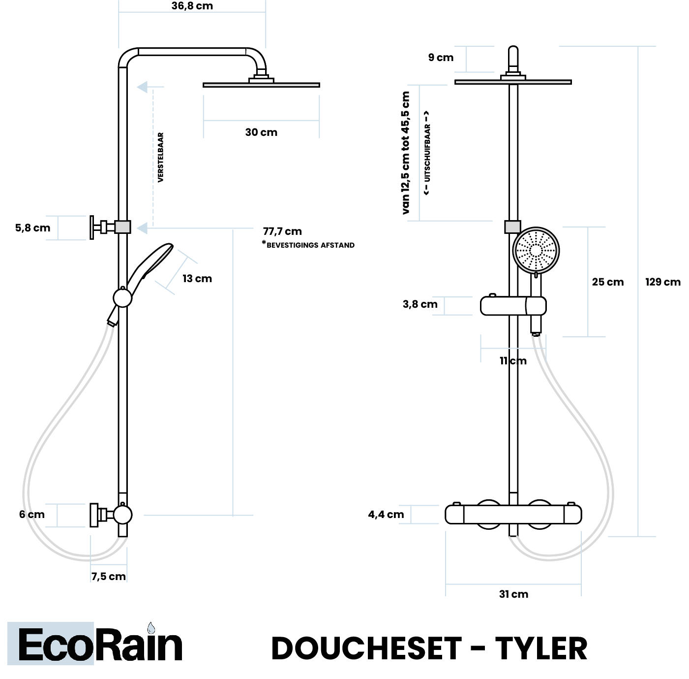 Rain shower set Tyler 30 CM Round with Thermostatic tap - Black